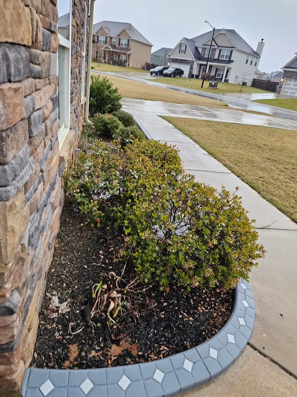 A poured decorative concrete curb with a white diamond inlay edging a mulched bed against a stone-faced Warner Robins home